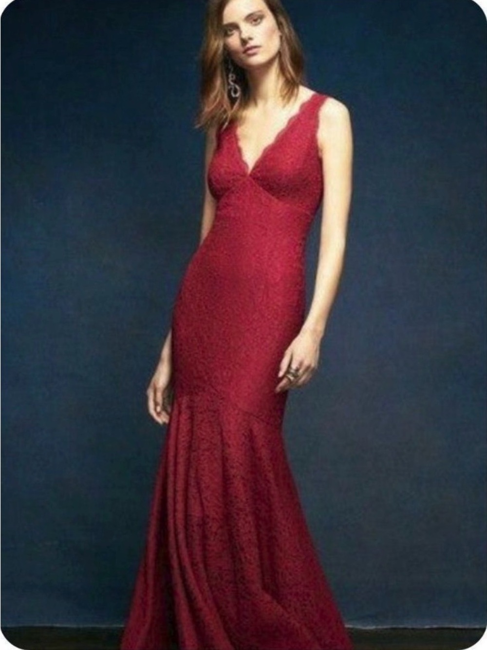 Adrianna Papell Wine Red Lace V-Neck Maxi Gown